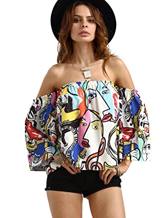 ROMWE Women's Off Shoulder Cute Loose Blouse Crop Top(One Size)