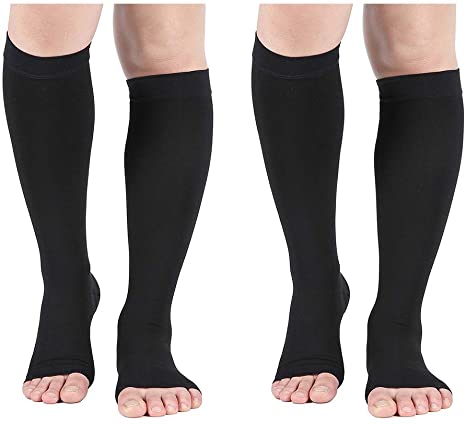 Compression Socks, 2 Pairs Open Toe 20-30 mmHg Graduated Compression Stockings for Men Women, Knee High Compression Sleeves for DVT, Maternity, Varicose Veins, Relief Shin Splints, Black 2XL