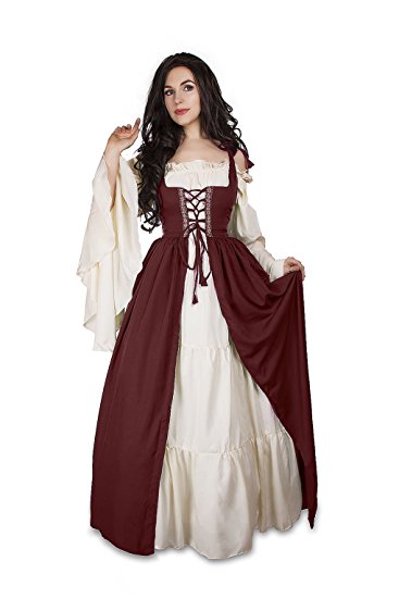Renaissance Medieval Irish Costume Over Dress & Cream Chemise Set (2XL/3XL, Burgundy)