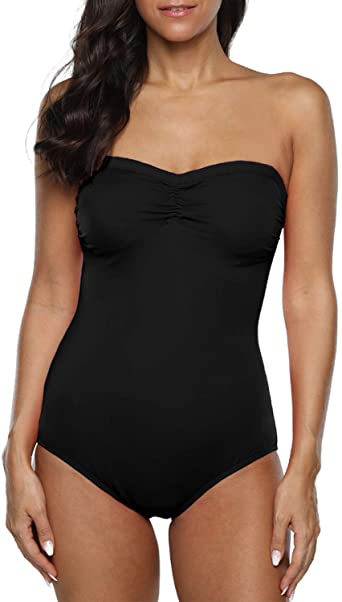 Hilor Women's One Piece Swimsuits Bandeau Bathing Suits with Front Drawstring