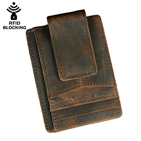 Le'aokuu RFID Leather Minimalist Slim Wallet Front Pocket Card Case Money Clip