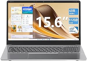 SGIN Laptops, Laptop 15 Inch, 4GB DDR4 512GB SSD Laptops Computer with Celeron quad core CPU, Mini HDMI, USB3.0, Dual WiFi, Type-C, 5000mAh, Numeric Keypad, Webcam(Sliver)