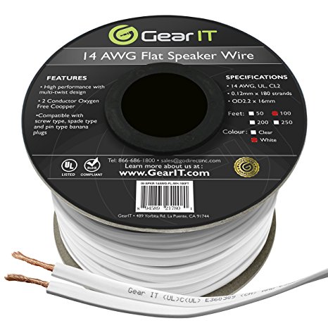 GearIT Elite Series 14AWG Flat Speaker Wire (100 Feet / 30.4 Meters) - Oxygen Free Copper (OFC) CL2 Rated In-Wall Installation for Home Theater, Car Audio, and Outdoor Use, White