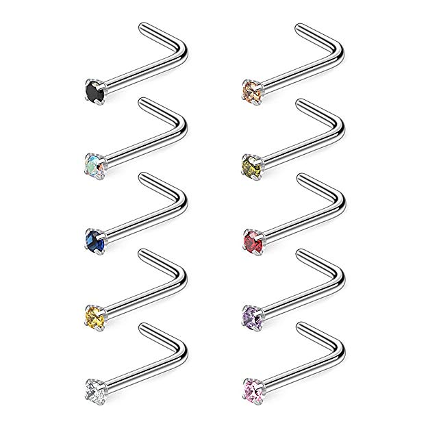 Ruifan 10-40PCS 20G Surgical Steel Diamond CZ Nose Stud Rings L Shaped Piercing Jewelry 1.5mm 2mm 2.5mm 3mm