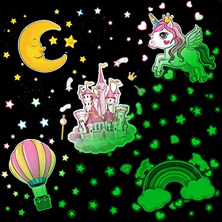 156 Pieces Unicorn Wall Stickers Glow in The Dark Stickers Unicorn Castle Balloon Moon Rainbow and Stars Wall Decals for Kids Bedroom