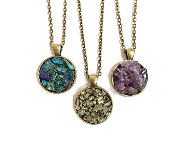 Raw Stone Crystal Mineral Necklace - Pyrite, Amethyst, Peacock Ore