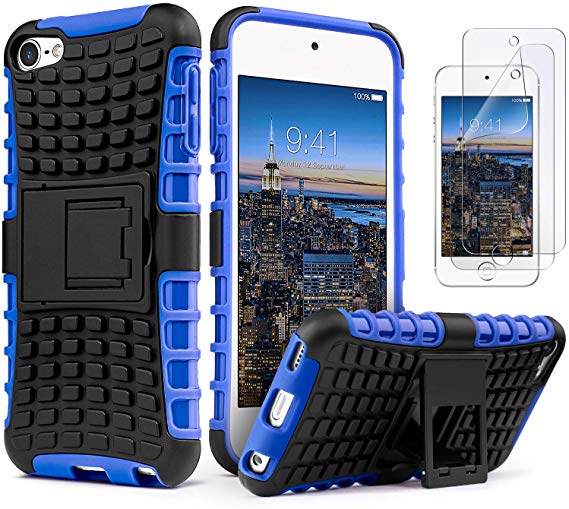 IDweel iPod Touch 7 Case with 2 Screen Protectors,iPod Touch Case for Boys Kids, Heavy Duty Dual Layer Shockproof Hybrid Rugged Armor Case with Built-in Kickstand for Apple iPod Touch 5/6/7th, Blue