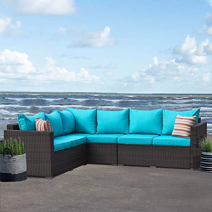 Patio Furniture Garden 5 PCS Sectional Sofa Brown Wicker Conversation Set Outdoor Indoor Use Couch Set Turquoise Cushion