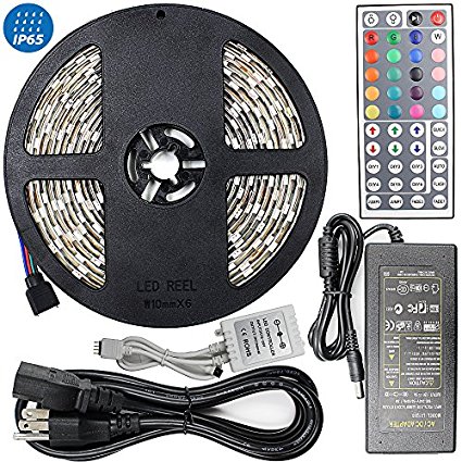 16.4ft RGB Multi-Color Flexible Waterproof(IP-65) Strip Light Kit, 300 LEDs with 44key IR Remote Controller, 3M Adhesive Tape, Plug-and-Play Design as Decorative Lighting for Home and Commercial