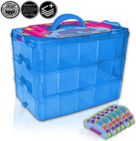 Black & White Label Company Holds 600 - Tiny Box Shopkins Storage Case Organizer Container - Stackable Collectors Carrying Tote - Compatible W/ Mini Colleggtibles Tsum Tsum LOL Hot Wheels (Blue)