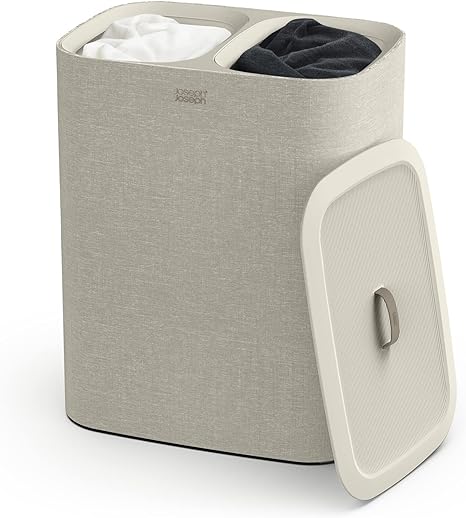 Joseph Joseph Tota - Cesto separatore porta biancheria bucato, 90 litri, con coperchio, 2 sacchi rimovibili con manici, Beige