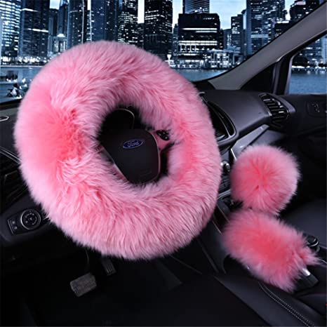 Silence Shopping Autumn Winter Warm Faux Wool Car Steering Wheel Cover Handbrake Cover And Gear Shift Cover 3Pcs/Set (Pink)
