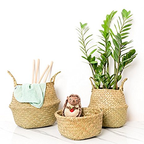 RISEON Natural Seagrass Belly Basket Panier Storage Plant Pot Collapsible Nursery Laundry Tote Bag with Handles (15" (38x34cm))