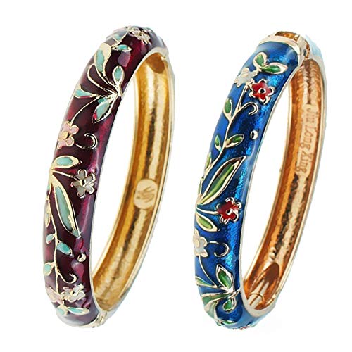UJOY Cloisonne Bracelet Butterfly Gold Hinge Indian Cuff Bangle Enameled Jewelry Flower Bracelets for Women Gift Box 55A119