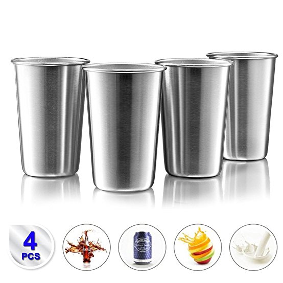 Stainless Steel Drinking Glasses, 4 PACK BPA Free Tumbler Metal Drinking Pint Cups Unbreakable, Stackable Camping Cup for Outdoor, Party (17oz/500ML)