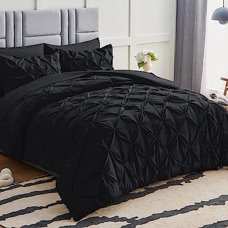 CozyLux King Comforter Set Black 7 Pieces Pintuck Bed in A Bag Complete Set Pinch Pleat King Bedding Sets with All Season Comforter, Pillow Sham, Flat Sheet, Fitted Sheet and Pillowcase