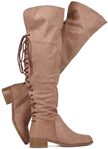 WEST COAST Women's Over The Knee Boots Back Corset Lace Up Fold Cuff Back Tie Flat Knee High Dress Riding Boots