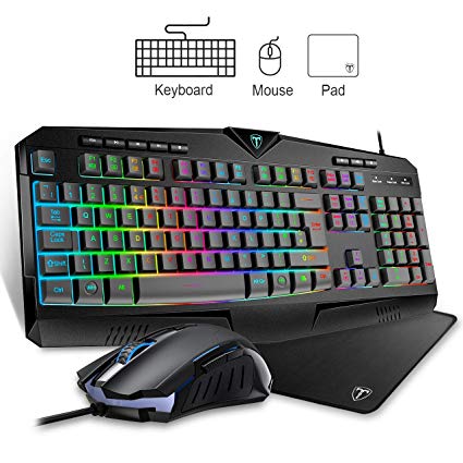 Gaming Keyboard Mouse UK Layout (Mouse Pad Included), VicTsing RGB & 25-Key Anti-Ghosting Keyboard, 8 Independent Multimedia Keys Ergonomic Wrist Rest,  4 Adjustable DPI Mouse, Plug & Play