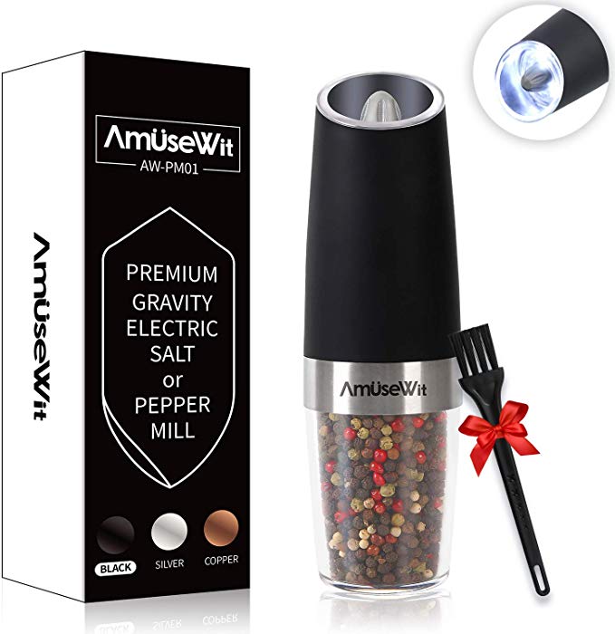 Gravity Electric Pepper Grinder or Salt Grinder Mill【2019 Newest】- Battery Operated Automatic Pepper Mill with White Light,Adjustable Coarseness,One Handed Operation,Cleaning Brush, Black by AmuseWit