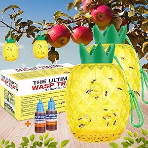 Wasp Trap Bee Catcher, Outdoor Hanging Wasp Repellent, Non-Toxic Reusable Hornet and Yellow Jacket Trap, 2 Pack Yellow (Pineapple Shape)