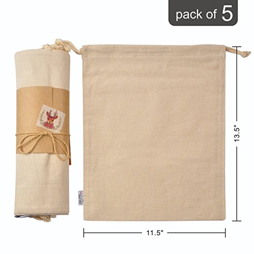 100% Nature Organic Cotton Muslin Produce Storage Bags with 2 Drawstrings;Large 11.5x13.5 Inch, Reusable & Multipurpose;Great for Grocery Shopping & Household Organizing;Girfriend Gift Ideas- 5 Pack