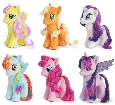 Aurora My Little Pony 6.5" Plush Figure Set of 6 - Applejack, Rarity, Fluttershy, Rainbow Dash, Pinkie Pie & Twilight Sparkle