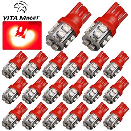 YITAMOTOR 20 x Red T10 Wedge 10-SMD LED Light bulbs W5W 2825 158 192 168 194