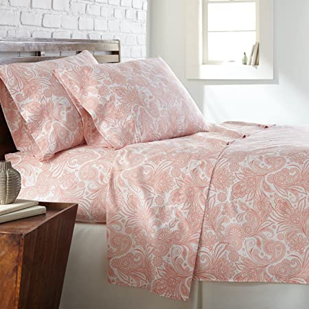 Southshore Fine Linens - Perfect Paisley Boho Collection 4 Piece Sheet Sets, California King, White with Coral Haze Paisley
