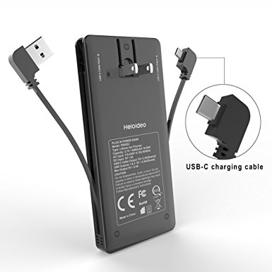 Heloideo USB-C 5000mAh Dual 5V/2.4A USB Ports Portable Charger with AC Adapter and Cables for Huawei P10 LG G6 Xperia XZ and more USB-C Port Devices, Type C Power Bank for Galaxy S8 (Black)