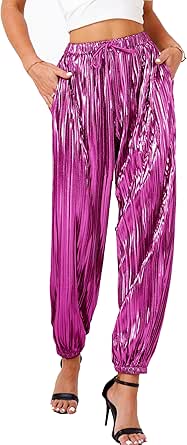 heipeiwa Women's Metallic Pleated Sequin Shiny Joggers Pants Party Club Wear Sweatpant Trouser