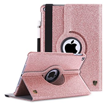 iPad 2017/2018 iPad 9.7 inch Case,BENTOBEN Glitter Sparkle 360 Degree Stand Smart Cover Stylus Holder Auto Wake/Sleep Luxury Faux Leather Protective Case for Apple iPad 9.7 Inch 2017/2018, Rose Gold