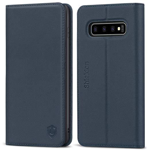 SHIELDON Galaxy S10  Plus Case, Genuine Leather Galaxy Wallet Case Folio Cover Kickstand with Credit Card Slots Full Protection Magnetic Case Compatible with Galaxy S10 Plus (6.4 Inch) - Dark Blue
