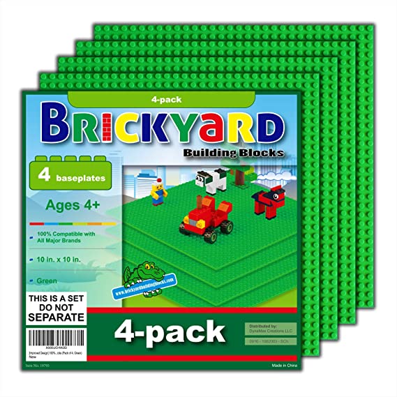 Brickyard Building Blocks 4 Green Baseplates, Improved Design 10 x 10 Inches Large Thick Base Plates for Building Bricks, for Activity Table or Displaying Compatible Construction Toys (4-Pack, Green)