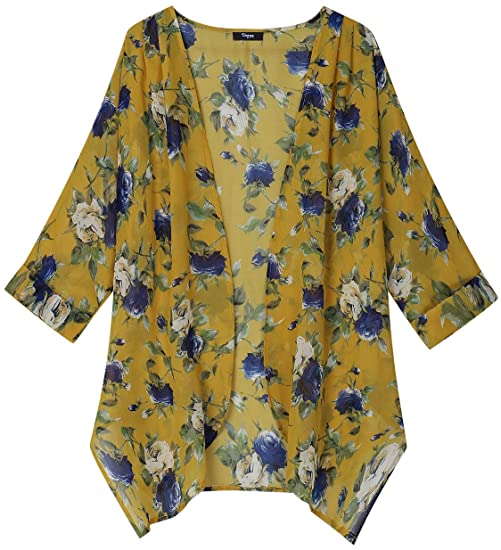 Ckuvysq Women's Floral Print Short Sleeve Irregular Hem Kimono Sheer Chiffon Loose Cardigan