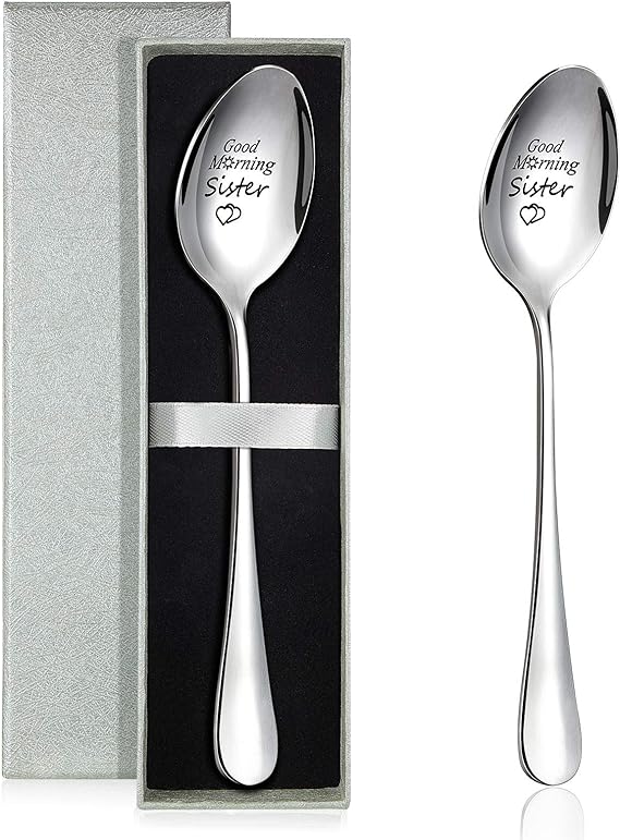 Mudder 2 Packs Good Morning Sister Spoon Stainless Steel Spoon with Silver boxes for Sister Gift Sister in Law Present Birthday Gift Wedding Gift