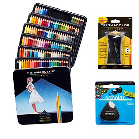 Prismacolor Quality Art Set - Premier Colored Pencils 132 Pack, Premier Pencil Sharpener 1 Pack and Latex-Free Scholar Eraser 1 Pack