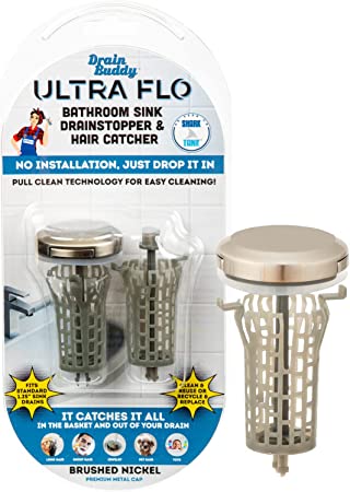 Drain Buddy Ultra Flo No Installation Clog Preventing Bathroom Sink Stopper & Hair Catcher W/Patented Pull Clean Technology| Fits 1.25” Sink Drains | Brushed Nickel Metal Cap W/ 1 Replacement Basket