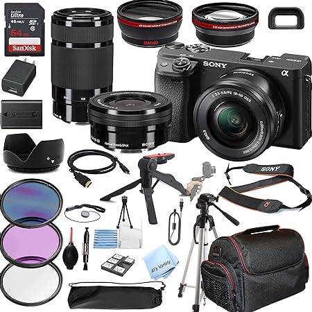 Sony Alpha a6400 Mirrorless Digital Camera (Black) with 16-50mm & 55-210mm Zoom Lenses   64GB Memory, Wide Angle   Telephoto Lens, Filters, Case, Tripod   More (30PC Bundle Kit)