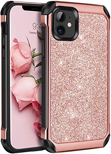 iPhone 11 Case,BENTOBEN 2 in 1 Slim Hybrid Glitter Sparkle Bling Hard Cover Soft Rubber Bumper Girls Rugged Shockproof Protective Women Phone Case for iPhone 11 6.1" 2019 Rose Gold