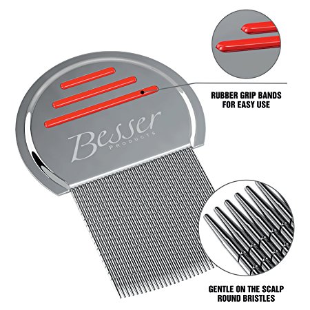 Stainless Steel Head Lice Comb - Pro Grade Louse and Nit Removal - Grooved, Rounded Teeth for Comfort and Best Results - Colors May Vary - by Besser Products