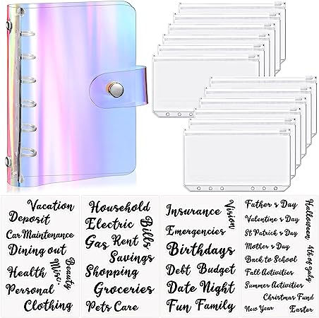 17 Pieces Binder Cover A7 Soft PVC 6-Ring Binder Cover 12 Pieces Mini Binder Pockets A7 Size 6 Holes Binder Zipper and 4 Sheets Cash Envelope Sticker for Budget Plan (Laser Style)