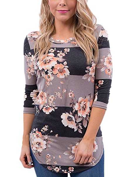 Annflat Women's 3 4 Sleeve Floral Print T-Shirts Casual Striped Blouse Tops