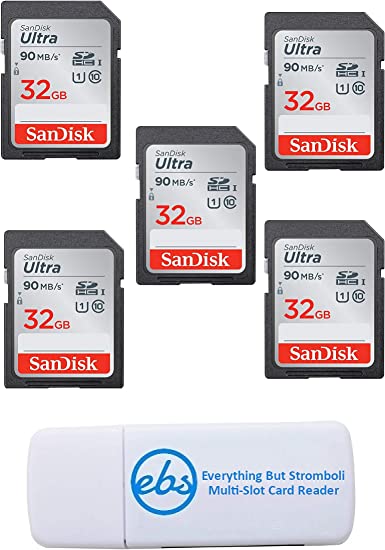 SanDisk Ultra - 5 Pack Bundle UHS-I Class 10 SD Flash Memory Card Retail (SDSDUNC-032G-GN6IN) - With Everything But Stromboli (TM) Combo Card Reader