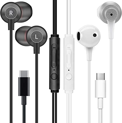 MAS CARNEY 【2 Pack】 TI3 TH4 Wired USB Type C Headphones, In Ear USB C Earphones with Microphone for Samsung S20, Huawei P30 P40, OPPO, Honor, Google Pixel and Other Smartphones with Type-C Interface