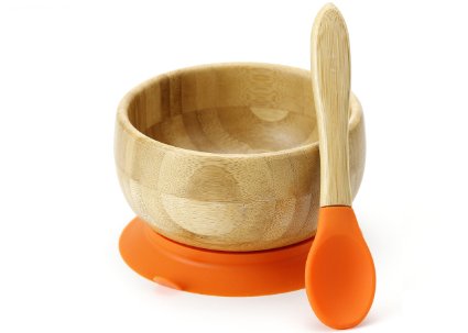 Avanchy Feeding Bamboo Spill Proof Stay Put Suction Bowl with Spoon/Teether - Great Baby Gift Set, Orange