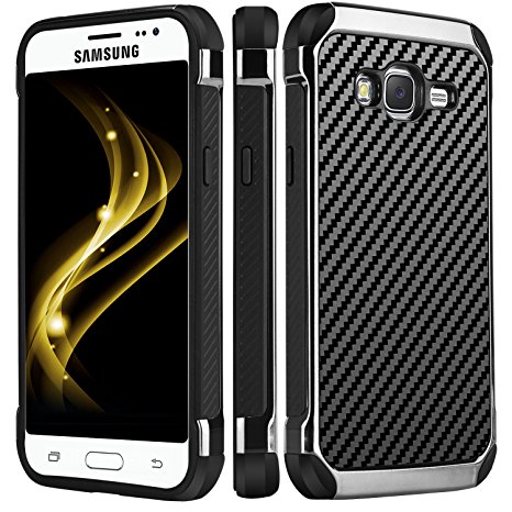 Galaxy J3 Case, Express Prime Case, Amp Prime Case, BENTOBEN Ultra Slim Thin Fit Anti-scratch Shockproof 2 in 1 Hybrid Hard PC Laminated with Carbon Fiber Texture Chrome Protective Silicone Case for Samsung Galaxy J3 / J320 (2016 Models) - Black