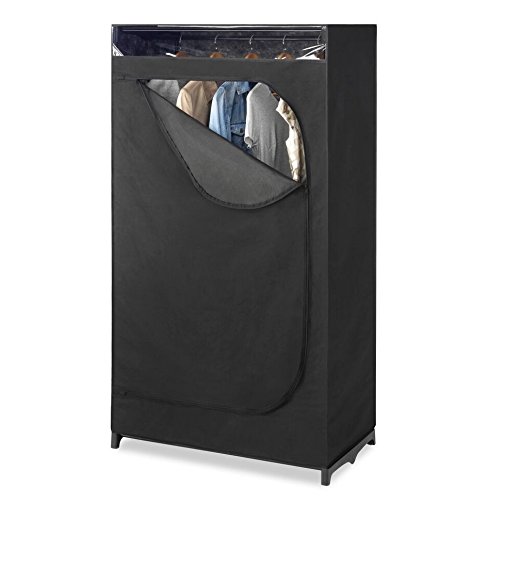 Whitmor Portable Wardrobe Clothes Closet Storage Organizer with Hanging Rack - Black Color - No-tool Assembly - See Through Window - Washable Fabric Cover - Extra Strong & Durable - 19.75 x 36 x 64”