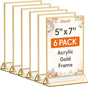 Lifewit 6 Pack 5x7 Acrylic Sign Holder with Gold Borders, Clear Vertical Double-Sided Stand, Plastic Menu Holders, Table Number Holders Picture Frames for Wedding, Party, Restaurant Decor