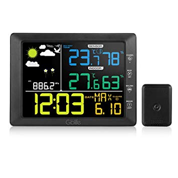 GBlife Wireless Weather Station with Large Color LCD Display, Digital Indoor Outdoor Thermometer Hygrometer, Weather Forecast Station with Remote, Atomic Clock