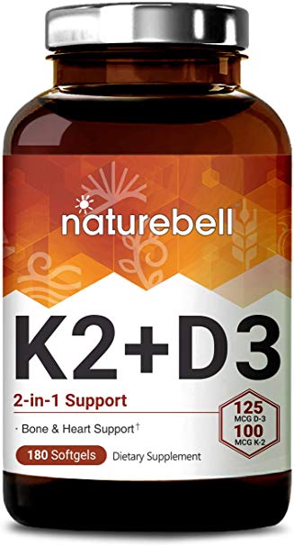 NatureBell Vitamin D3   K2, 125mcg Vitamin D3 Plus 100mcg Vitamin K2 Per Serving, 180 Softgels, Supports Bone and Heart Health, No GMOs, Made in USA